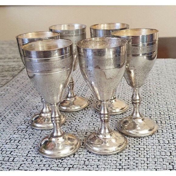 Vintage Pewter Glasses Web, Set of 6 Silver Cordial Glasses - Mid-century/boho - Picture 2 of 6